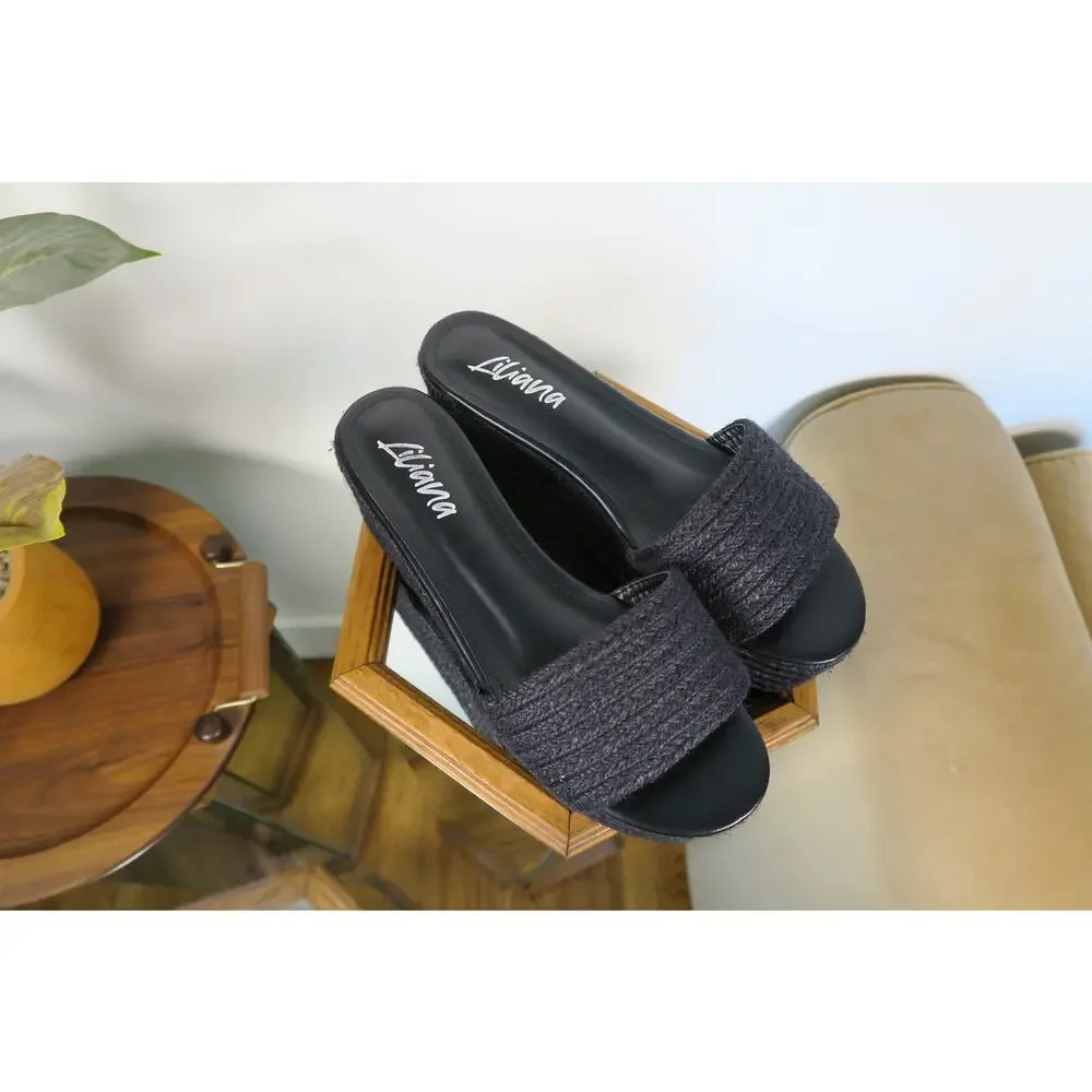 Liliana Black Braided Raffia-Look Platform Slides
